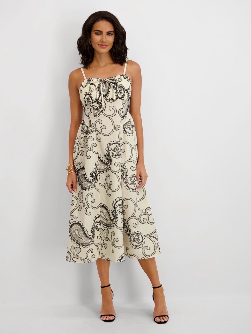 Kensie Cream Midi Dress with Black Paisley Print